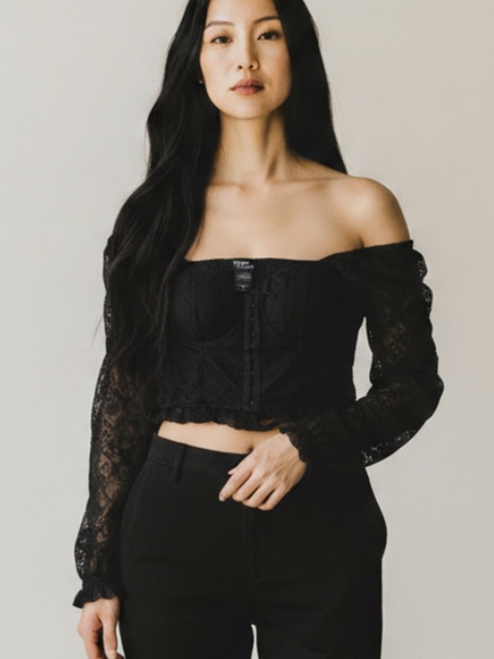 Thorn & Fable Black Lace Corset Blouse with Puff Sleeves
